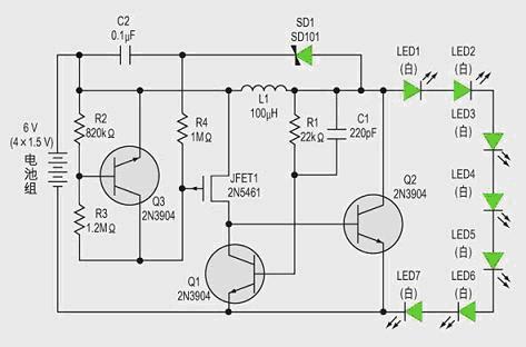 可以調(diào)節(jié)7個白光LED串亮度的低成本電感型升壓電路