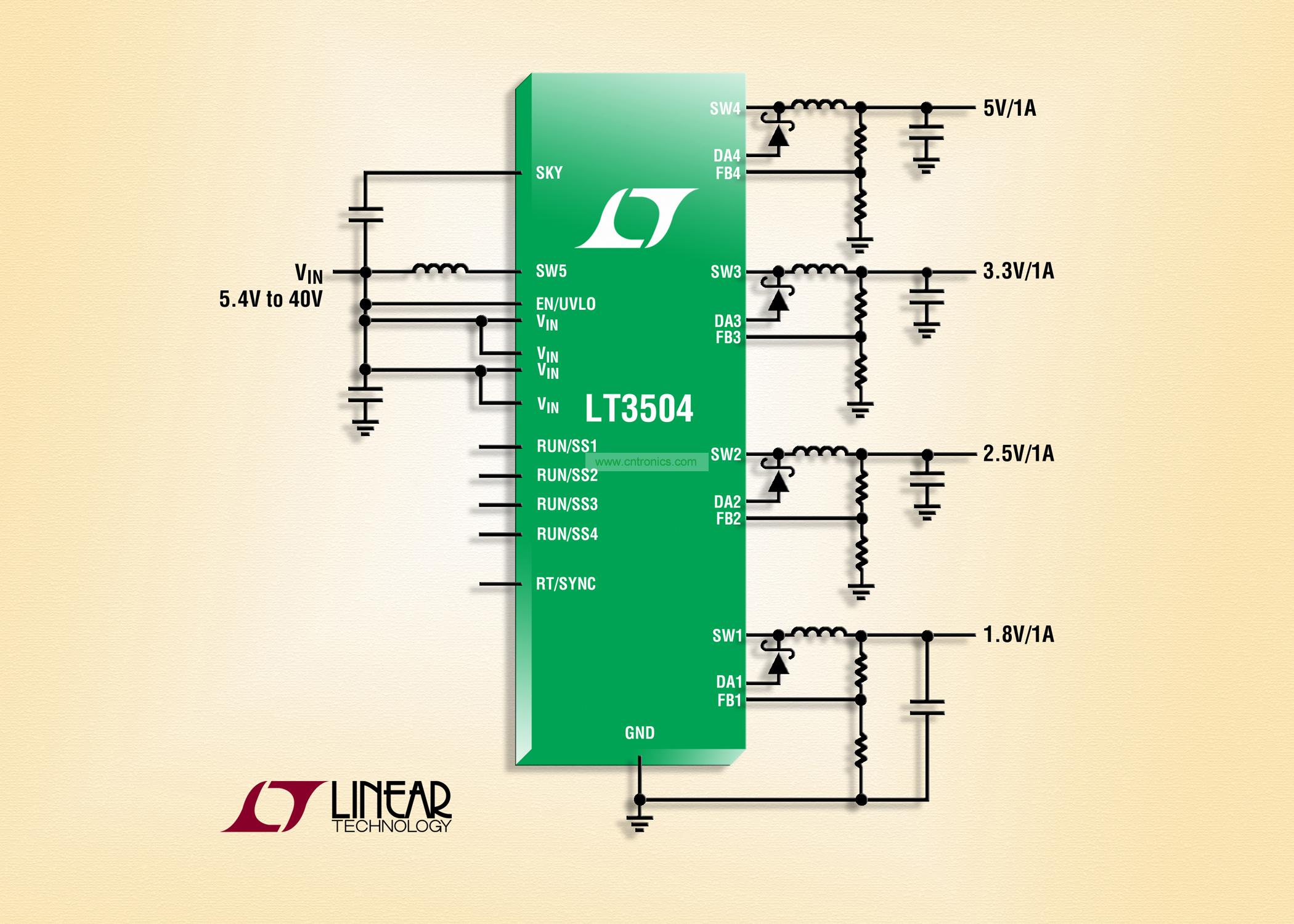 40V、4 通道 1A (IOUT)、2.2MHz 降壓型 DC/DC 轉(zhuǎn)換器