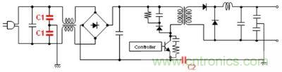 車載充電器電源電路例 (C1: AC線路濾波器用Y電容器、C2: 初級-次級耦合用電容器) 