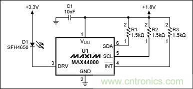 圖1：MAX44000典型電路，包括LED