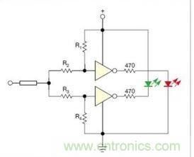 在雙門構(gòu)成的CMOS/TTL兼容探頭中，R1至R4電阻網(wǎng)絡(luò)對(duì)反相器輸入端做偏置