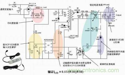 安森美半導(dǎo)體離線式第二代LED驅(qū)動(dòng)器NCP1014/1028的應(yīng)用示意圖。