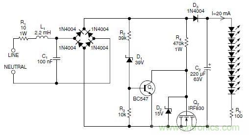 圖2：斬波工作類似圖1中的電路，但以較大的LED串聯(lián)電阻代替了恒流源，提供限流功能