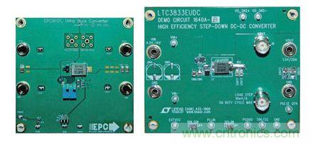 圖2：在低壓降壓轉換器使用EPC9101及經過修改的DC1640A-B演示板的比較