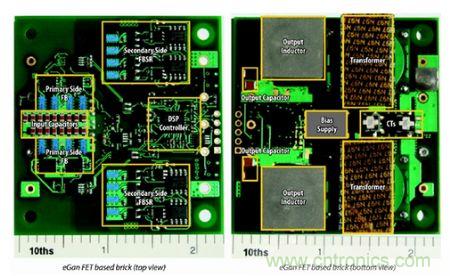 圖6：采用eGaN FET設(shè)計的48V至53V半磚PSE轉(zhuǎn)換器的頂視圖和底視圖(單位為英寸)。