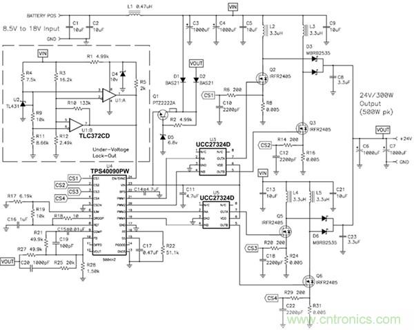 TPS40090 多相降壓控制器的 4 相、300W 升壓電源