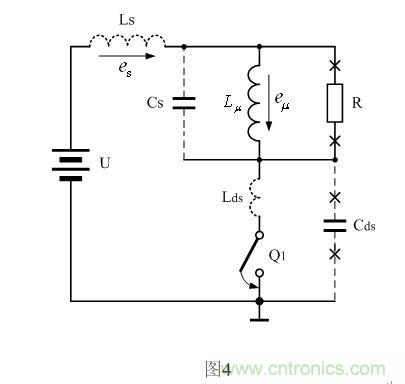 圖4是圖3中的開關(guān)管Q1導(dǎo)通時對應(yīng)的等效工作原理圖