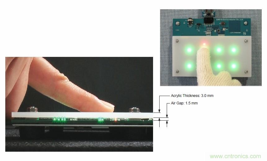 圖7. 安森美半導(dǎo)體電容式觸摸傳感器具有高度靈敏度，支持戴手套觸摸，支持含氣隙應(yīng)用