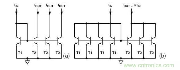 （a） 多級(jí)電流鏡 （b） 非整數(shù)比例電流鏡可將3個(gè)T2集電極結(jié)合起來(lái)，得到3IIN