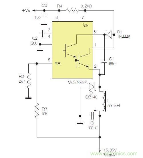 采用降壓配置中廣為使用的MC33063/MC34063的一個(gè)示例。