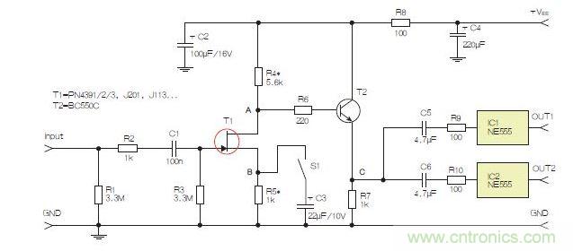 所示電路采用兩個(gè)工作在不同頻率下的555定時(shí)器，以獲取不同的音