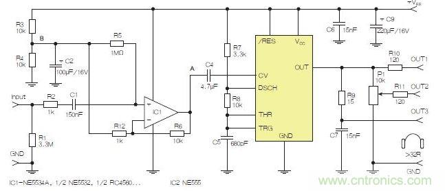 含運(yùn)算放大器和NE555定時(shí)器的耳機(jī)和音頻線路驅(qū)動(dòng)器。也可以使用CMOS版本(如LMC555)，但輸出電流較低。其優(yōu)點(diǎn)為工作頻率較高。