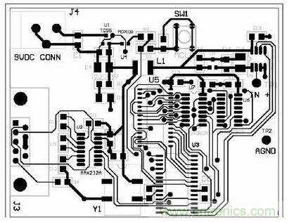 采用自動布線為圖3所示電路原理圖設(shè)計的電路板的底層