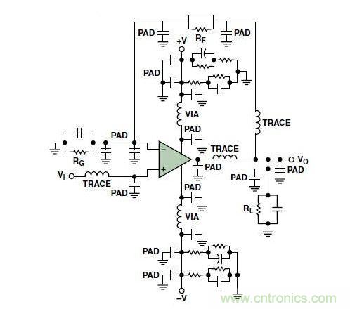 典型的運算放大器電路，(a)原設計圖，(b)考慮寄生效應后的圖