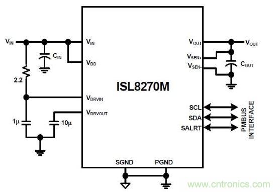 ISL8270M是完整的數(shù)字開(kāi)關(guān)模式電源。通過(guò)添加輸入/輸出電容器來(lái)完成設(shè)計(jì)