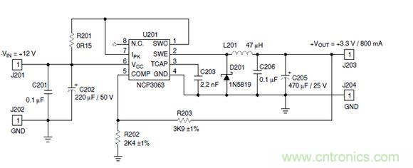 Buck電路應(yīng)用實(shí)例-輸入9～12V，輸出3.3V 800mA電路