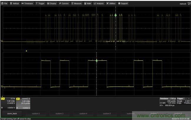 使用CustomDSO運(yùn)行VB腳本“zoom_Track.lss”。當(dāng)腳本運(yùn)行時(shí)，縮放波形的中心將跟蹤水平的光標(biāo)絕對(duì)位置。從圖中可以看出，光標(biāo)將永遠(yuǎn)位于縮放波形Z1的中心