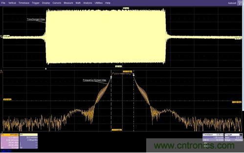 面的時域圖顯示了脈沖調(diào)制的射頻載波，下方的頻域圖顯示了在997MHz和1002MHz之間均勻分布的載頻