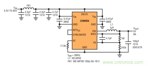 高功率單片式 Silent Switcher 2 穩(wěn)壓器 滿足 CISPR 25 Class 5 EMI 限制要求并適合狹小的安放空間