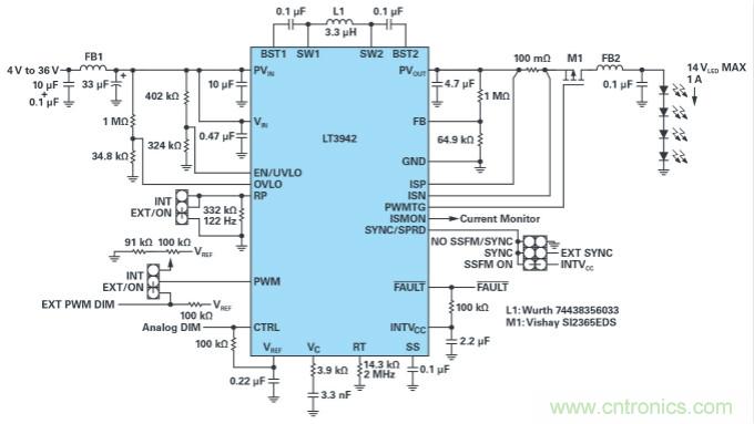 采用2MHz單芯片降壓-升壓DC-DC轉換器和LED驅動器消除PCB空間受限的困擾